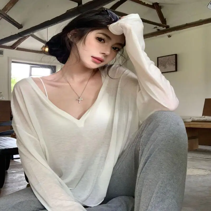 

Женская летняя повседневная блузка с V-образным вырезом, длинным рукавом, из легкой прозрачной ткани, свободного кроя, белая, для защиты от солнца, в стиле «ленивый шик»