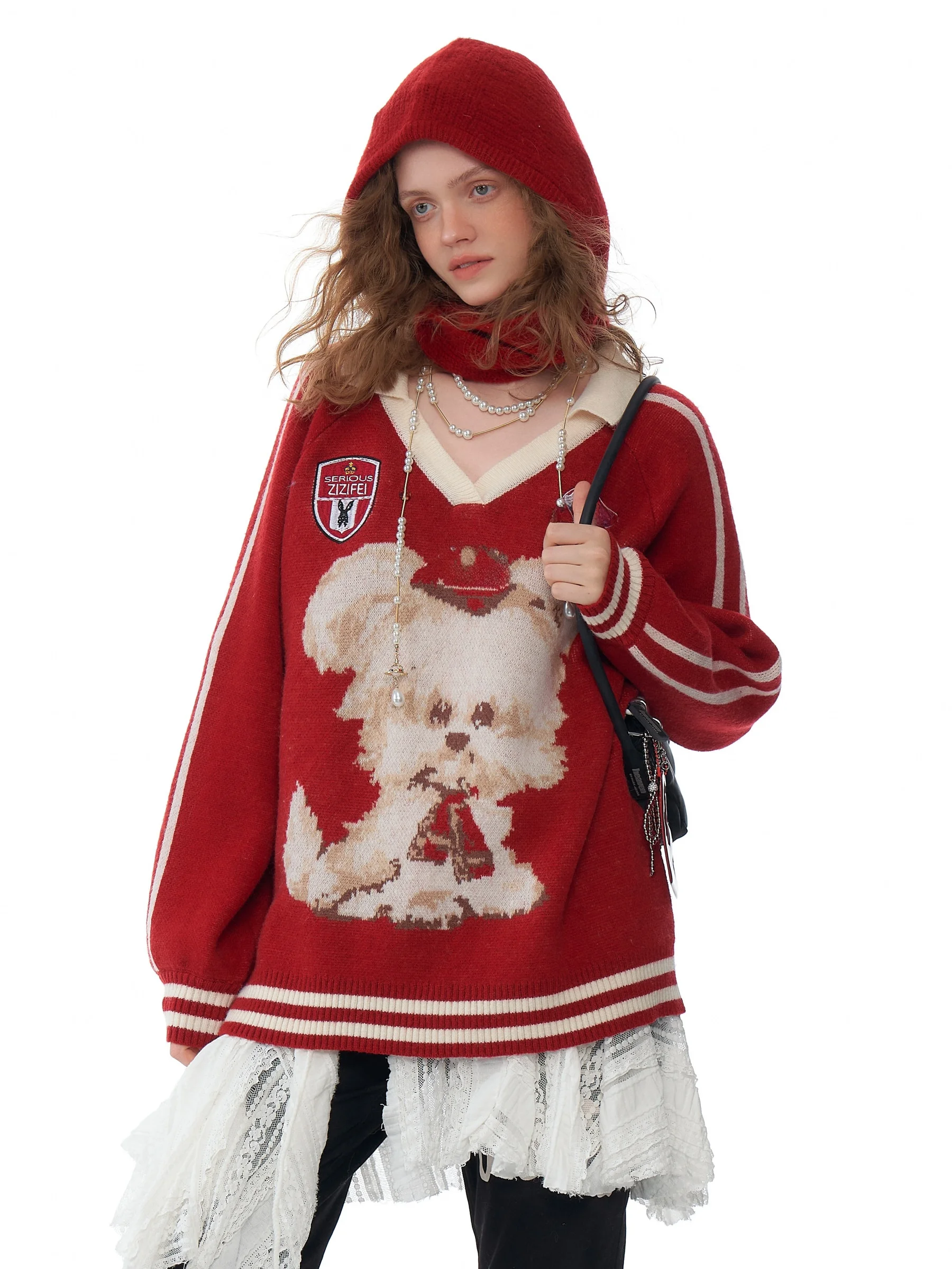 

Red V-Ne Cisas Sport Sle Dog Sweater Women's Autumn Winter American Retro Design Sense ZiziFei Sweet Sle Sweater