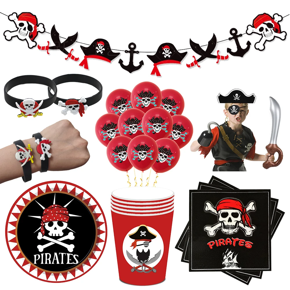 Pirate party napkins plates cups Tablecloths Banner Pirate skull balloon kids Caribbean Pirate themed birthday party decoration