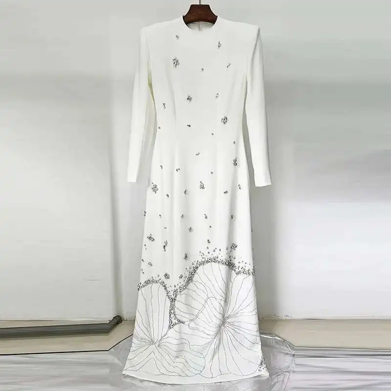 QMQA Fashion Women\'s Banquet Dresses Designer Nail Bead Diamond Spliced High Waist Slimming Evening Elegant 2025 Female New QM74