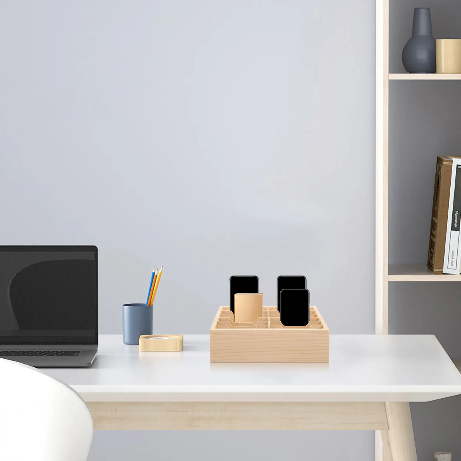 Rustic Style Wooden Mobile Phone Organizing Box Desktop Storage Holder for Temporary Phone Management in Conference Rooms
