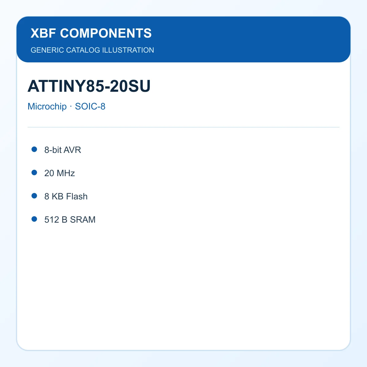 Microchip ATTINY85-20SU Microcontroller IC 8-bit AVR, 20 MHz, 8 KB Flash, 512 B SRAM SOIC-8