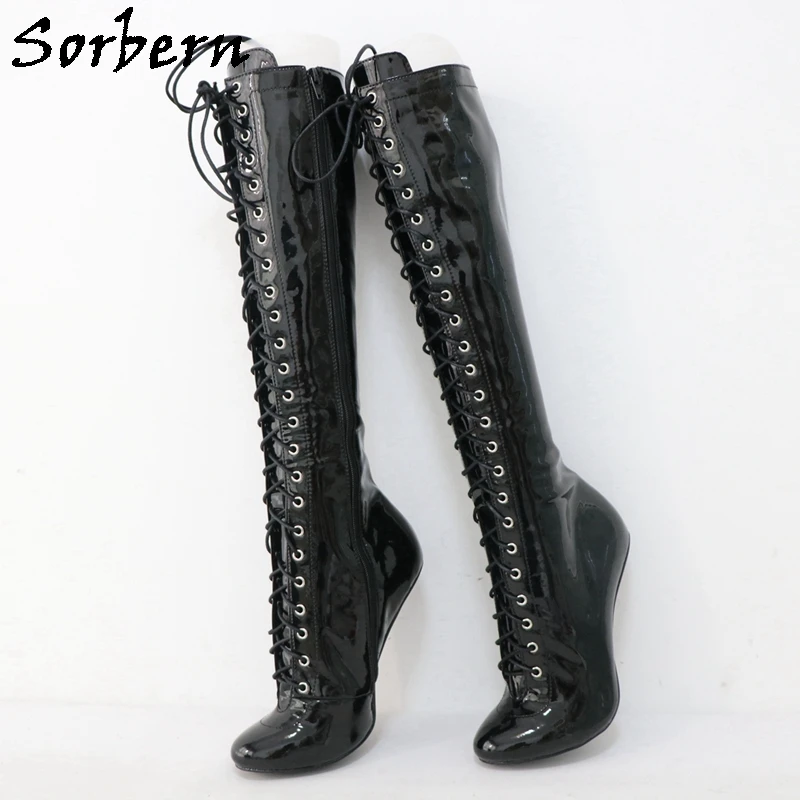 Sorbern Da Thật Heelless Vintage Mũi Tròn Giày Burlesque Đầu Gối Cao Cao Vòm Giày Rộng Chân Cột Dây Đen Mờ Khởi Động