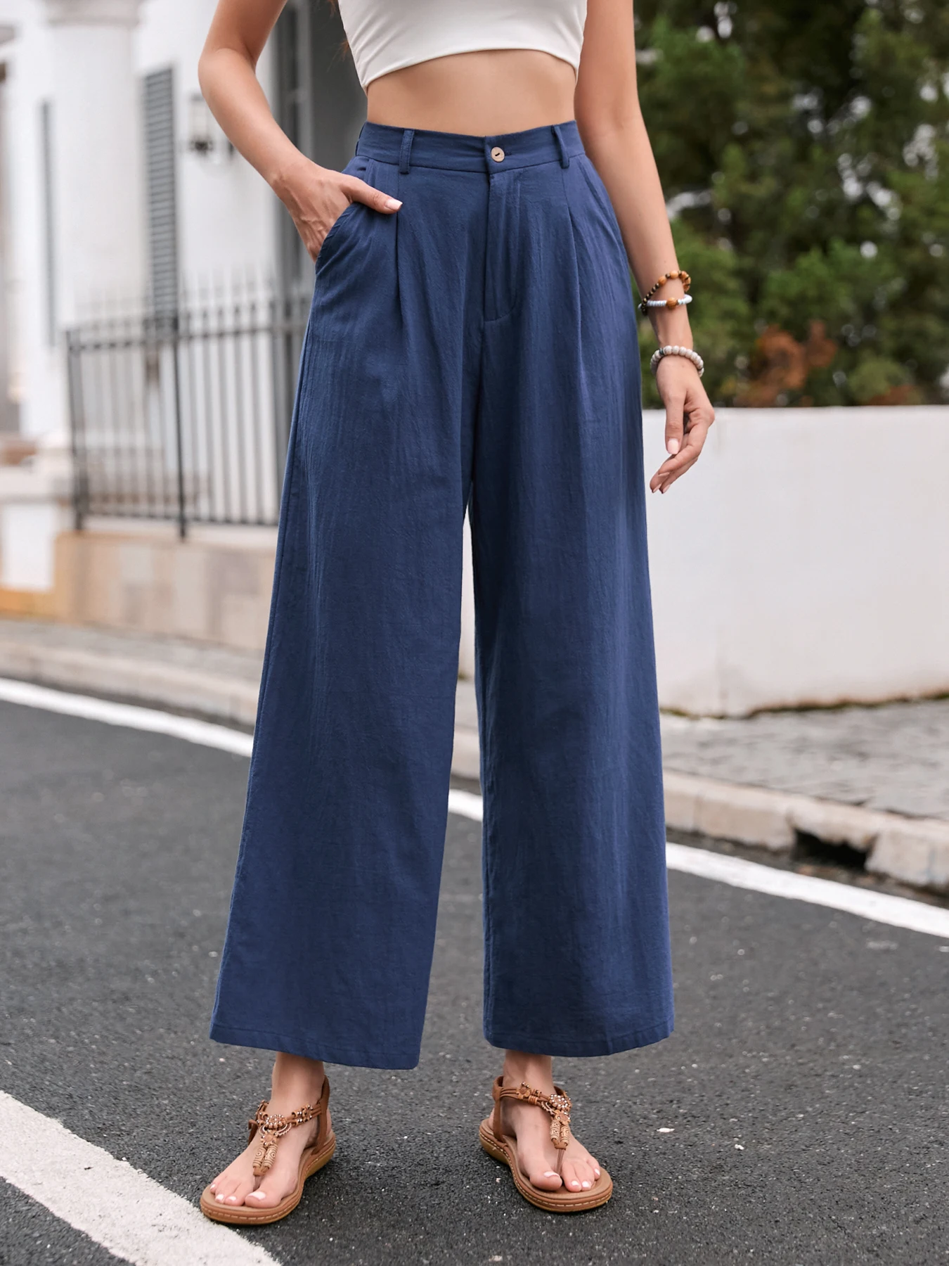 Elegante Einfarbige Leinenhose mit Weitem Bein für Damen Hochgeschnittene Fließende Lässige Sommer Lose Schlankmachende Lange Hose Frühling Herbst – Detail 17