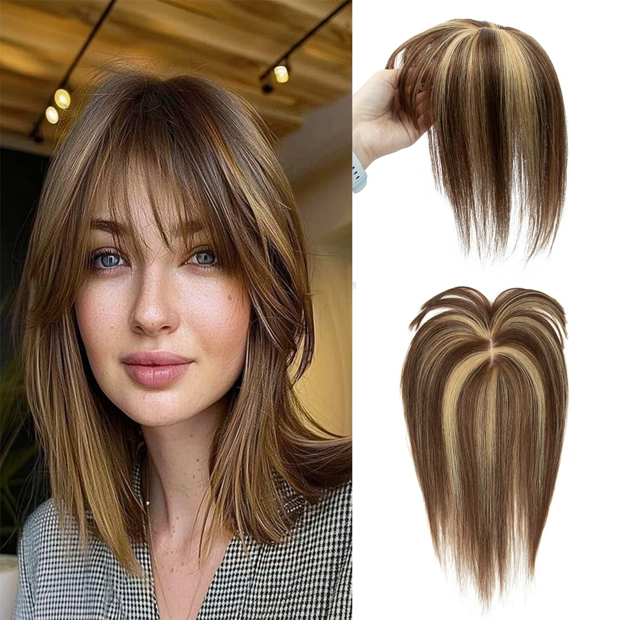 

Повседневный топпер из натуральных волос с челкой, 8x12 см, 360 ° Клипса-накладка мгновенно закрывает залыши и седые волосы на верхней части головы