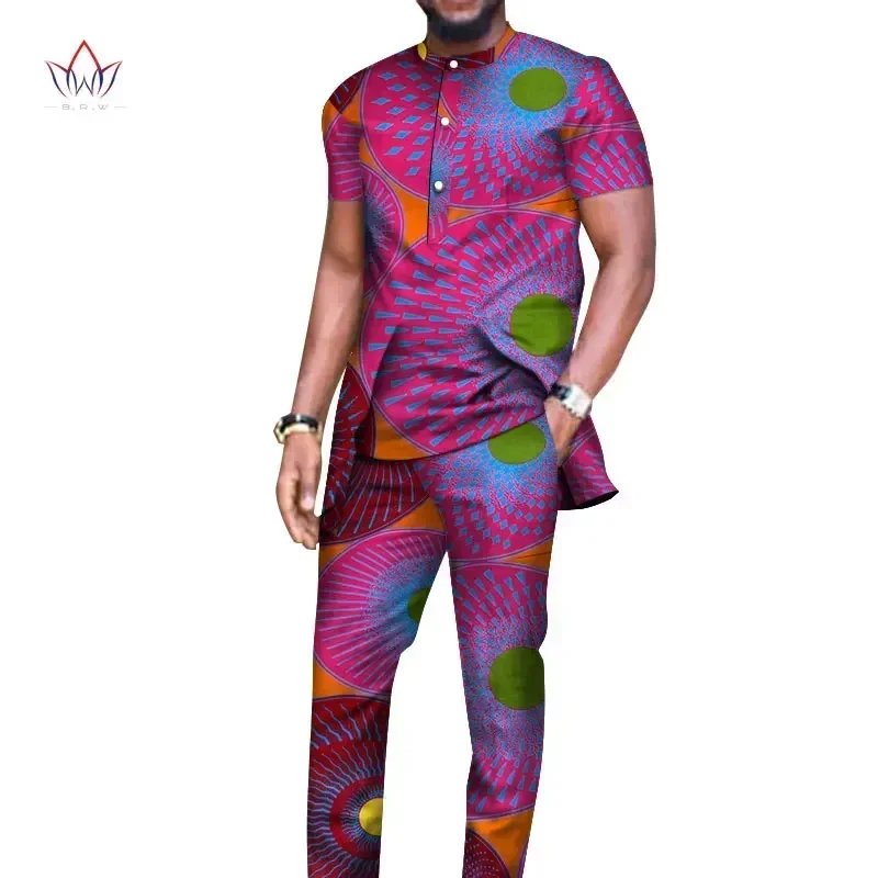 Bazin Riche Men 2 Pieces Pants Sets African Design Clothing African Clothes Casual Men Long Top Shirts and Pants Sets WYN514