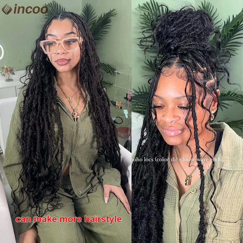 Sintetis panjang dewi Boho dikepang penuh renda depan Wig sorot pirang tanpa simpul kotak kepang dengan rambut keriting Twisted kepang Wig