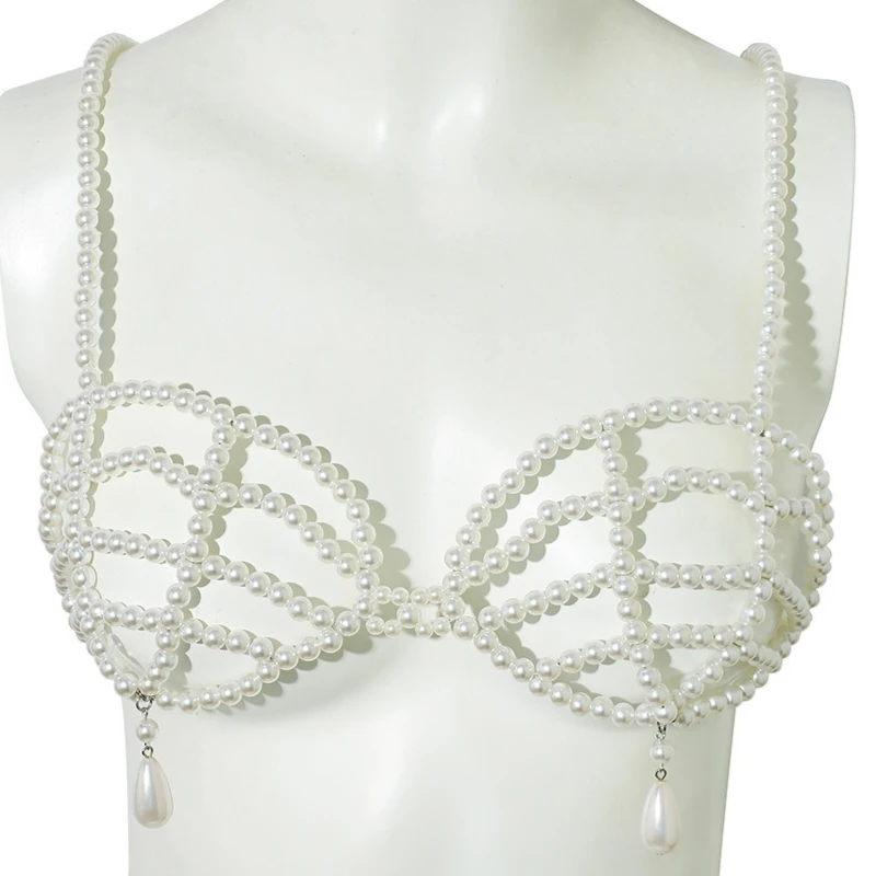 Sexy Pearl Body Chain Bra Tops Women Imitation Pearl Draping Pearl Drop Harness Chest Chain Festival Rave Nightclub Body Jewelry
