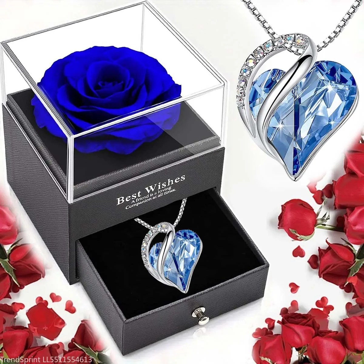 Ocean Heart Love Necklace With Eternal Rose Jewelry Box Romantic Gift For Girl Women Valentine's Day Mother's Day Present - view 3