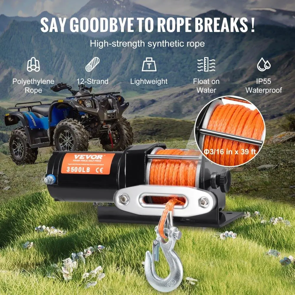 Electric Winch UTV 3500 lb Synthetic Rope Waterproof Wired Control