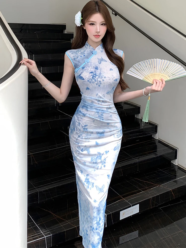 

2026 Blue Flocking Floral Sleeveless Long Dress Summer Elegant Bodycon Female Clothes Women Korean Vintage Luxury Evening Dress