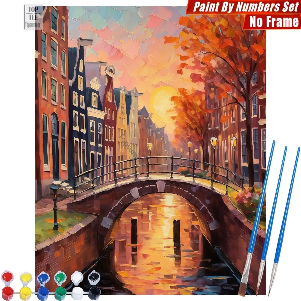 

Набор для рисования по номерам «Закат над каналами Амстердама» — очаровательный осенний пейзаж, декор для дома, подарок на День благодарения для бабушки