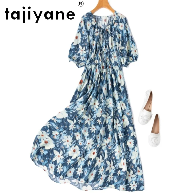 

TAJIYANE 100% Natural Mulberry Silk Long Dresses 2025 Woman Summer V-neck Blue Birthday Dress Lantern Sleeves Women Clothing 원피스