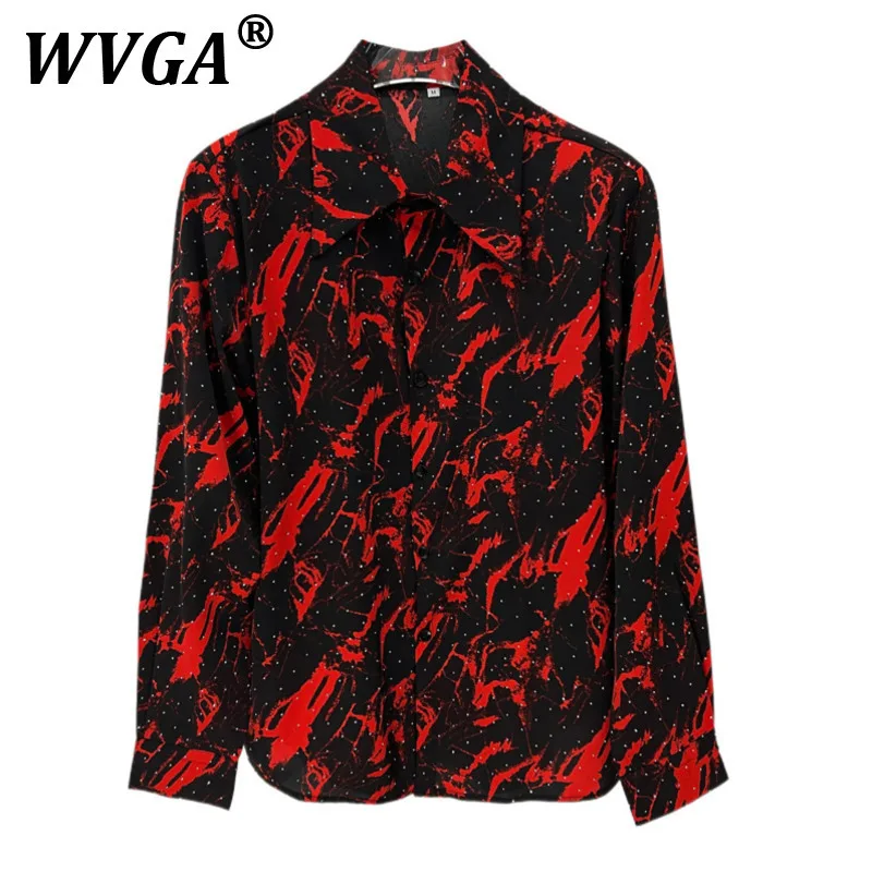 

WVGA Summer New Men's Printed Design Hot Diamond Design Long Sleeve Shirts Niche Chic Casual Padded Shoulder Shirt Ins Y2K W9225