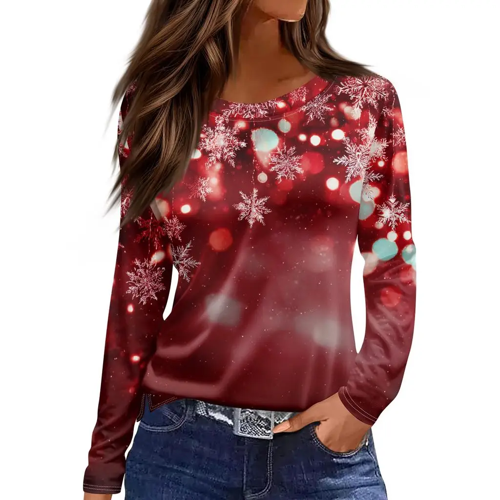 

Christmas limited edition women's 3D Christmas classic color print round neck long-sleeved T-shirt casual long-sleeved top