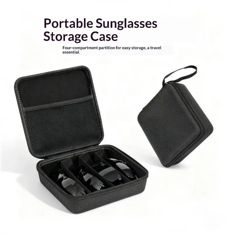 ●4/5/6/7/8 Compartments Adjustable Glasses Organizer, Portable Black Storage Bag Case For Travel, Sturdy Dividers Eyewear Box