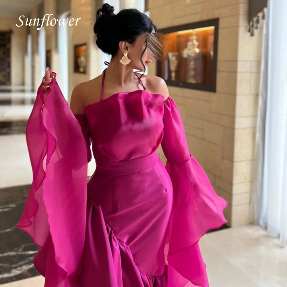 Sunflower Halter Prom Gowns Bell-bottomed Sleeve Mermaid Evening Dress Slim Ruffles Party Dress 2023 Satin High-end Custom