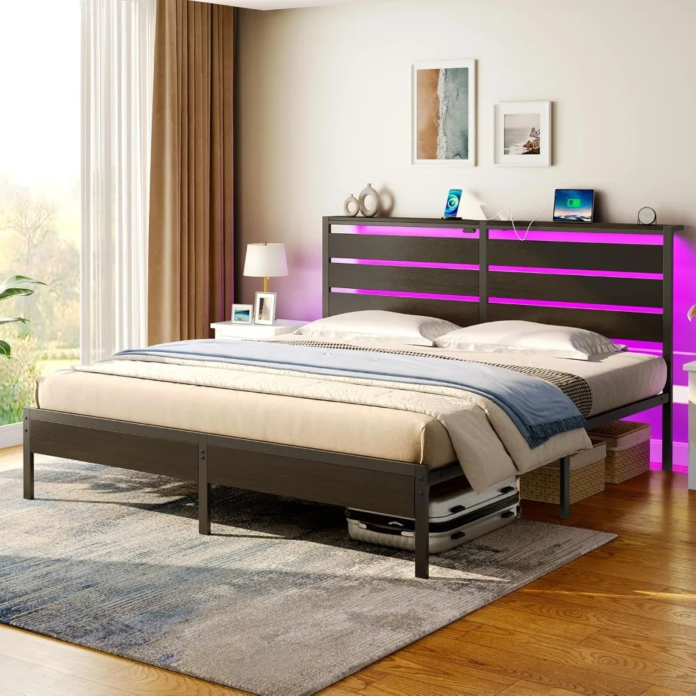 

LED Full Size Bed Frame with USB Charge Station & Wood Storage Headboard, Noise Free, Metal Platform Beds with Under Bed Storage