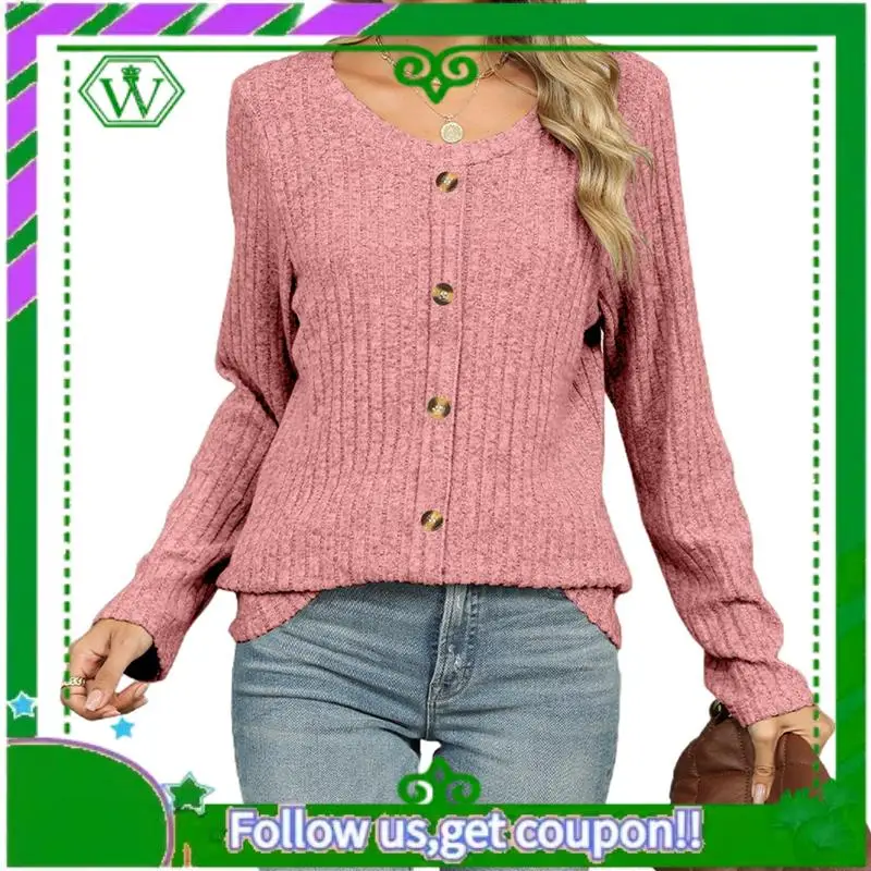 

A18P-женские легкие свитера 2025 года, рубашка на пуговицах с длинными рукавами, осенняя повседневная туника с круглым вырезом, топы