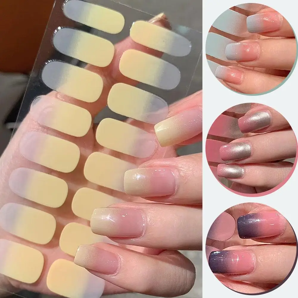 16Tips Pure Color Semi Cured Gel Nail Patch Strips Gel Sticker Gel Transparent Cover Full Nail Lamp Polish Wraps French UV/ M1F8