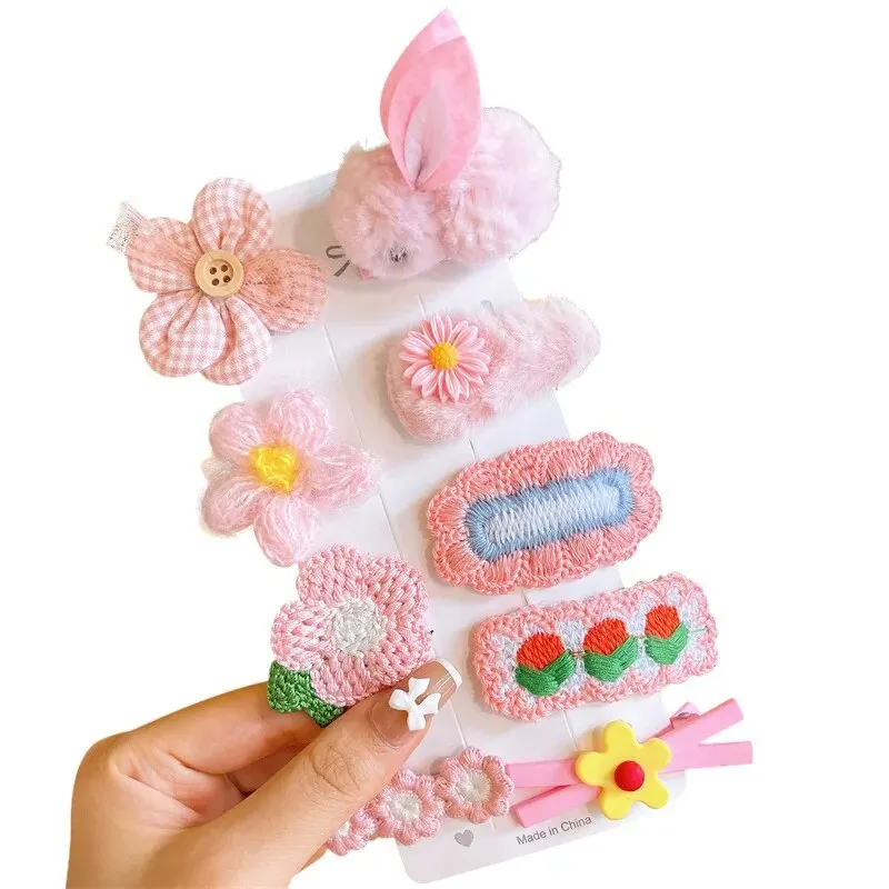 9 sztuk/zestaw Cartoon Bunny Flower spinki do włosów dla dzieci śliczne pluszowe króliki szpilka małe dziewczynki Barrettes nakrycia głowy dziecięce akcesoria do włosów — zdjęcie 2