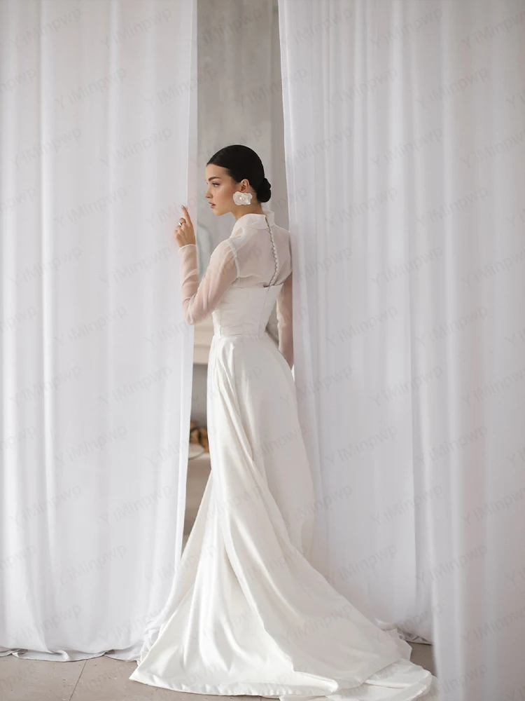 Elegante Brautkleider V-ausschnitt Langarm Meerjungfrau Braut Kleid Sweep Zug Arabisch Satin Brautkleid Angepasst vestidos de novia