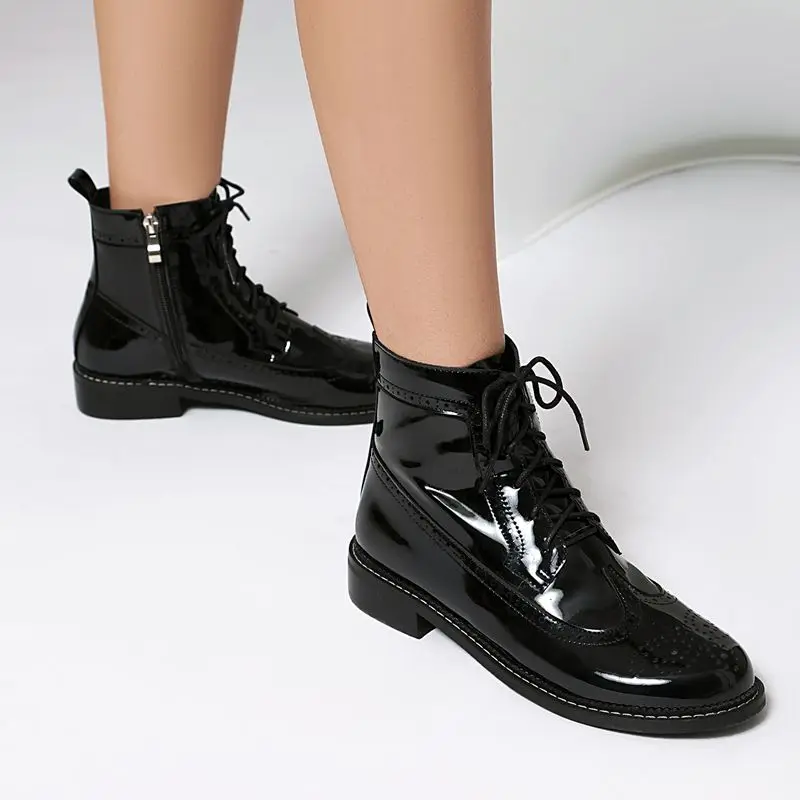 

ORCHALISA 2025 Блестящие женские ботильоны с круглым носком на блочном каблуке 3,5 см на молнии на шнуровке Большой размер 46 47 48 Летняя обувь в британском стиле Bota