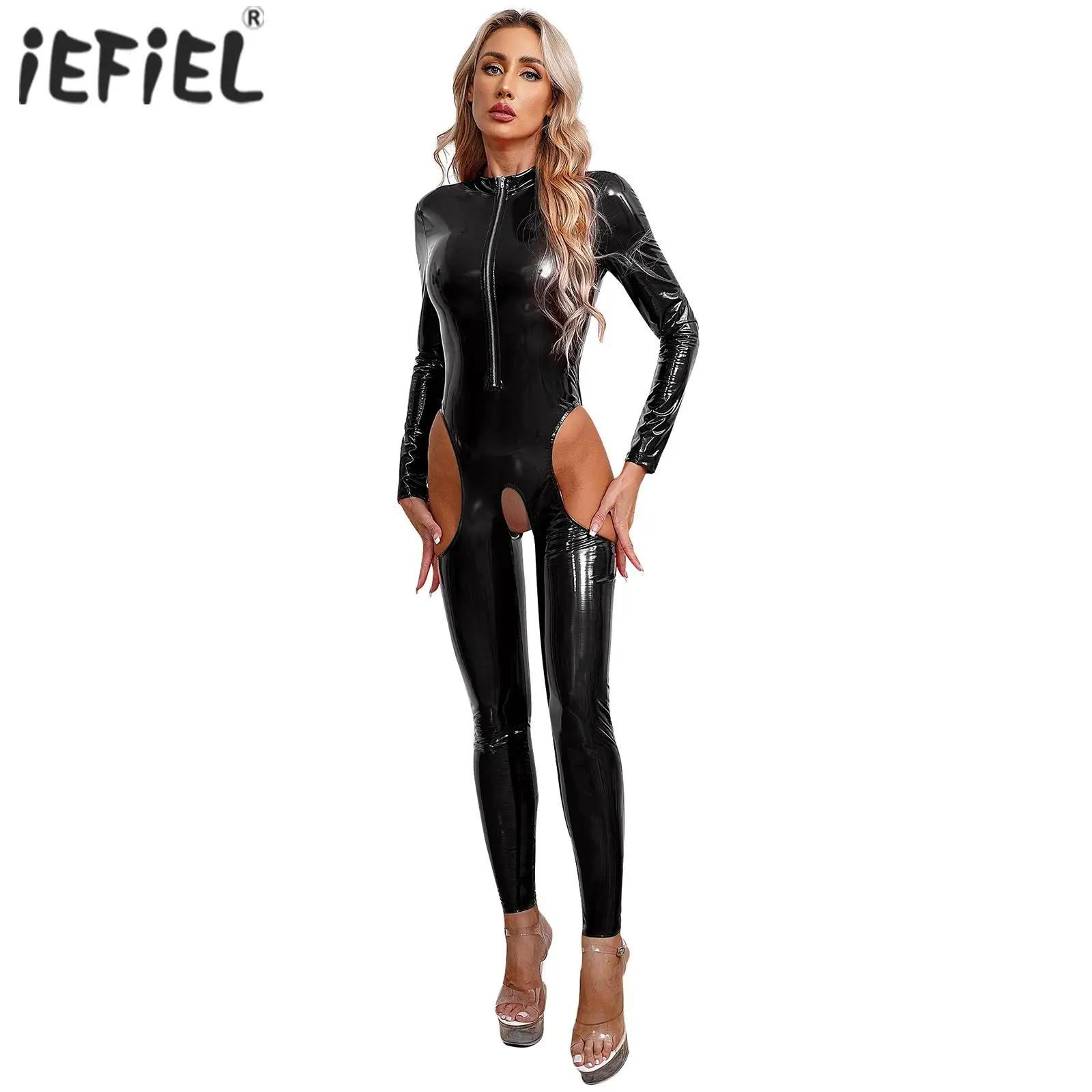 

Womens Lingerie Cutout Crotch Patent Leather Jumpsuit Zipper Stand Collar Crotchless Catsuit Wet Look Long Sleeve Latex Bodysuit