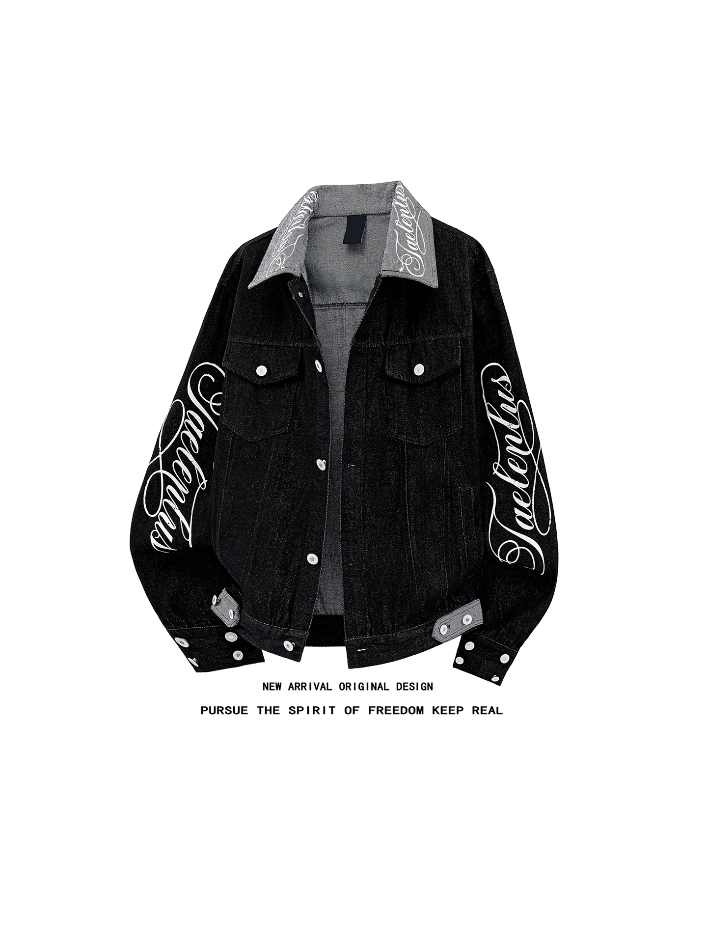 Washed Denim Jacket with Gothic Letter Print Collar American Style Streetwear Design Casual Outerwear for Men Autumn Season