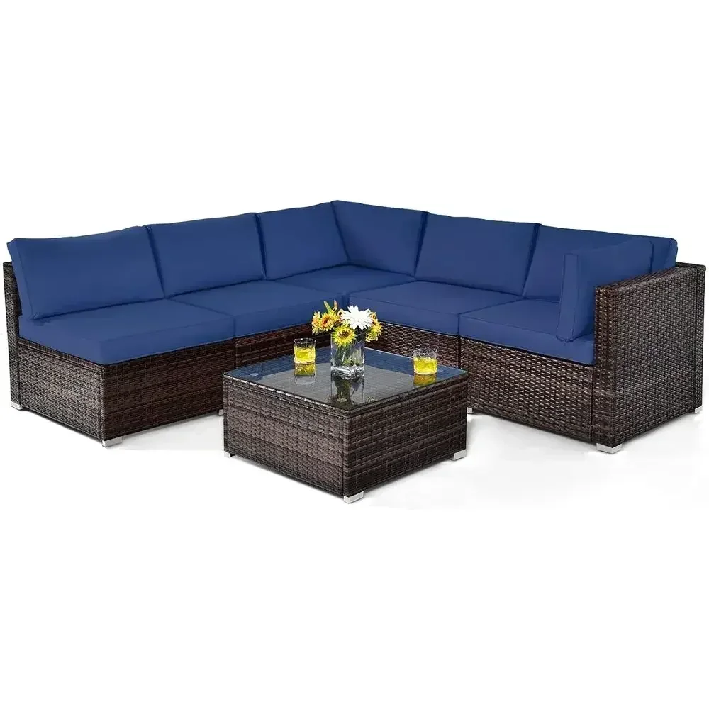 

6-Piece Outdoor Wicker Furniture Set with Cushioned Sofa and Glass Coffee Table
