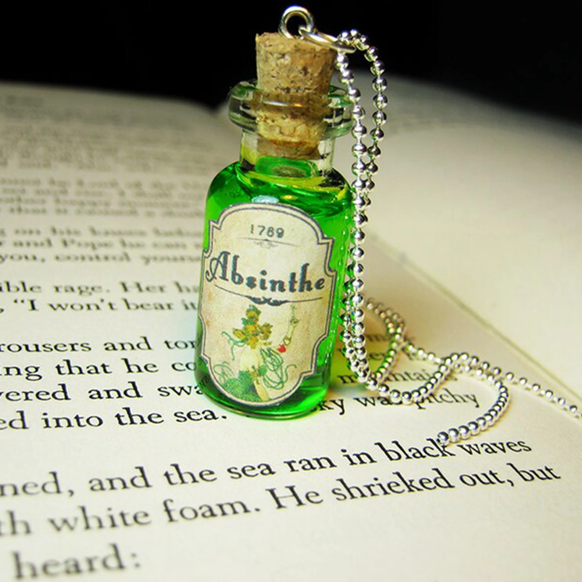 Absinthe Glass Bottle Necklace Charm Green Fairy Cork Vial Pendant Halloween Alcohol