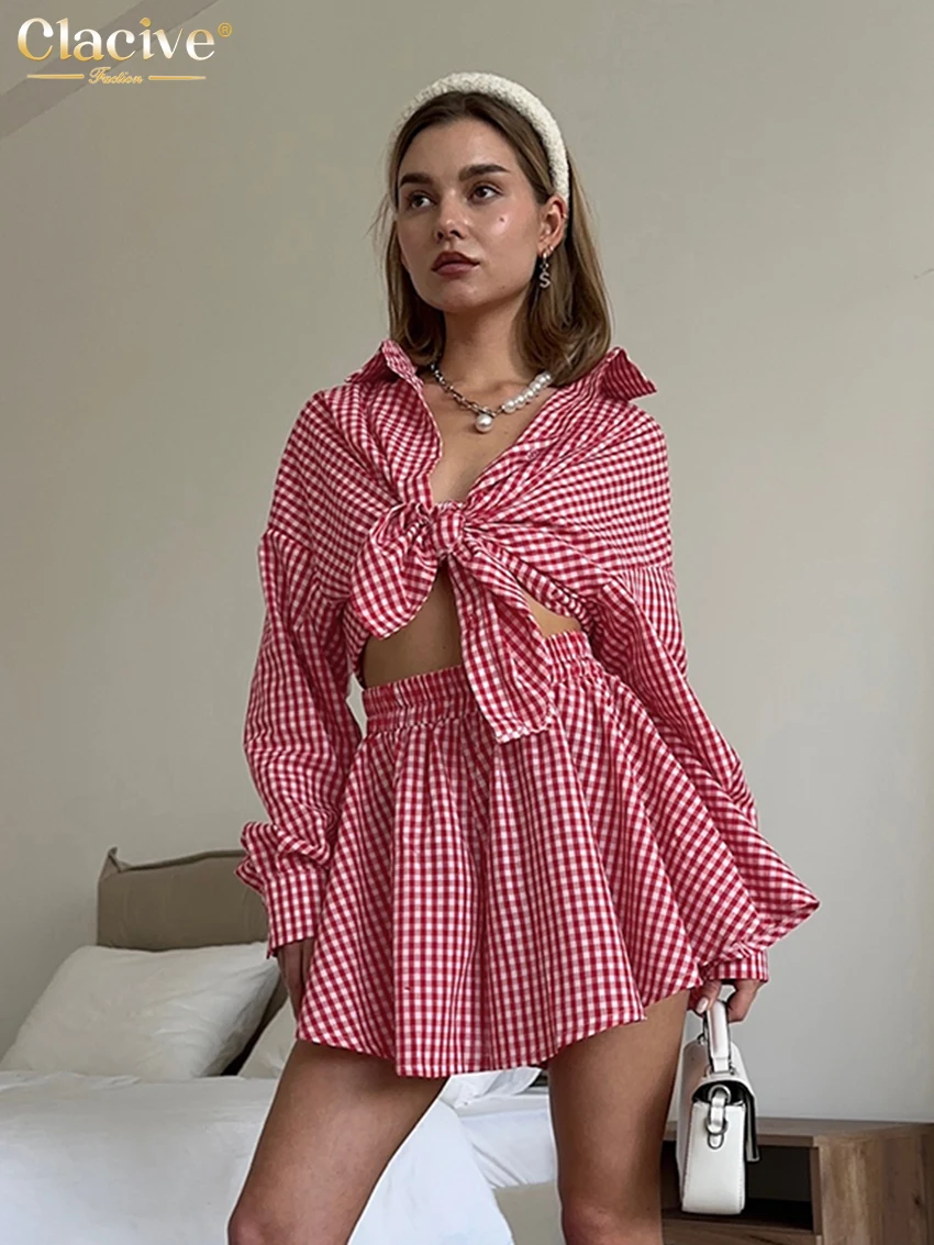 

Clacive Fashion Loose Plaid Cotton 2 Piece Sets Women Outfit 2024 Elegant Long Sleeve Shirt With High Waist Mini Skirts Set