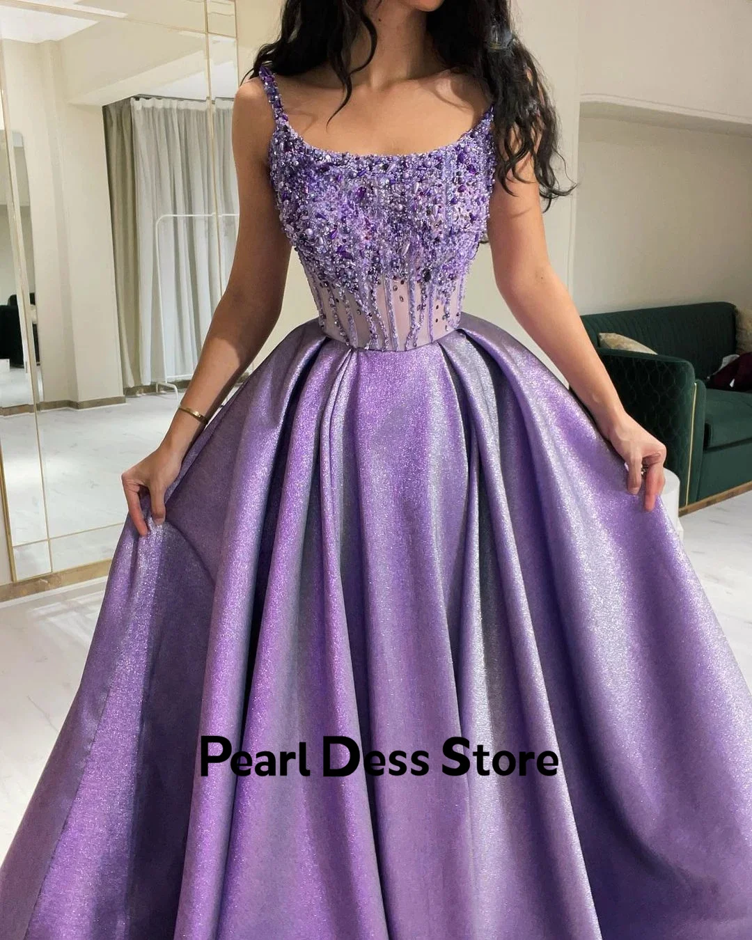 2024 Square neckline thin shoulder strap ball dress pearl sequin formal evening dress occasion dress Robe De Soiree