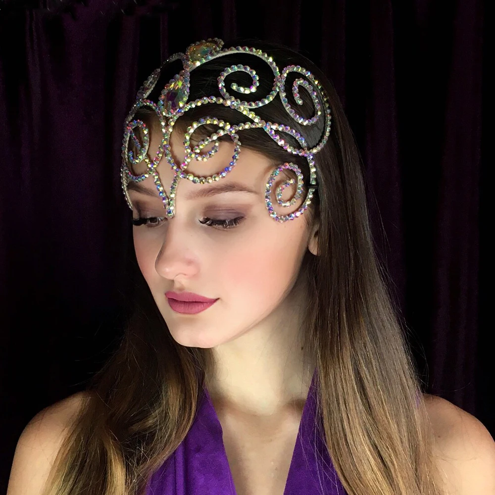 Stonefans Gorgeous Belly Dance Headpiece Headband Bridal Hair Jewelry Hollow Colourful Rhinestone Head Chain for Women Ballroom