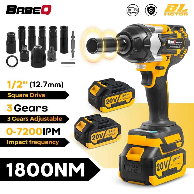 

BABEQ 1800N.M Torque Brushless Electric Impact Wrench Socket 1/2 Inch Cordless Electric Wrench for Makita 18V Battery Power Tool