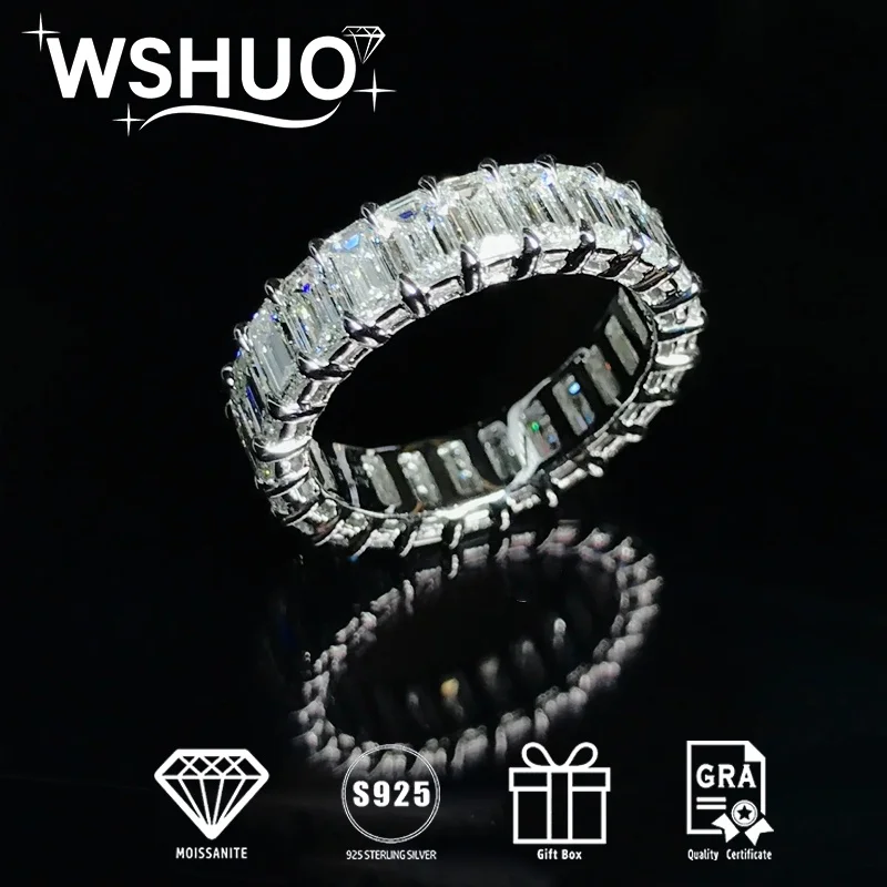 

WSHUO D VVS 10 Cttws Full Moissanite Women Rings S925 Pure Silver Plated Gold 18k Emerald Cut Diamond Engagement Rings Band GRA