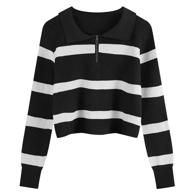 Women\'s Clothing Polo Collar Striped Knit Pullovers Autumn Short Fashion All-match Zipper Sweaters Office Lady Casual Loose Tops