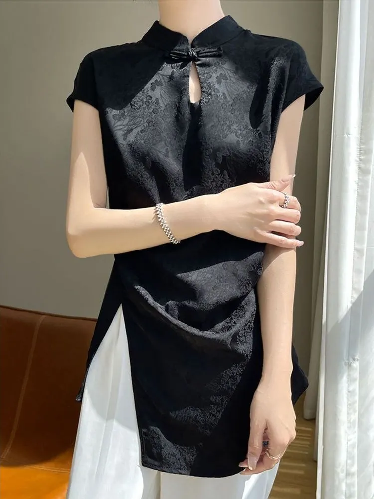 

Ele Satin ort Sve Stand Collar Chinese Sle Women's Top No Sve Slit Pure Color Summer Faionable irt