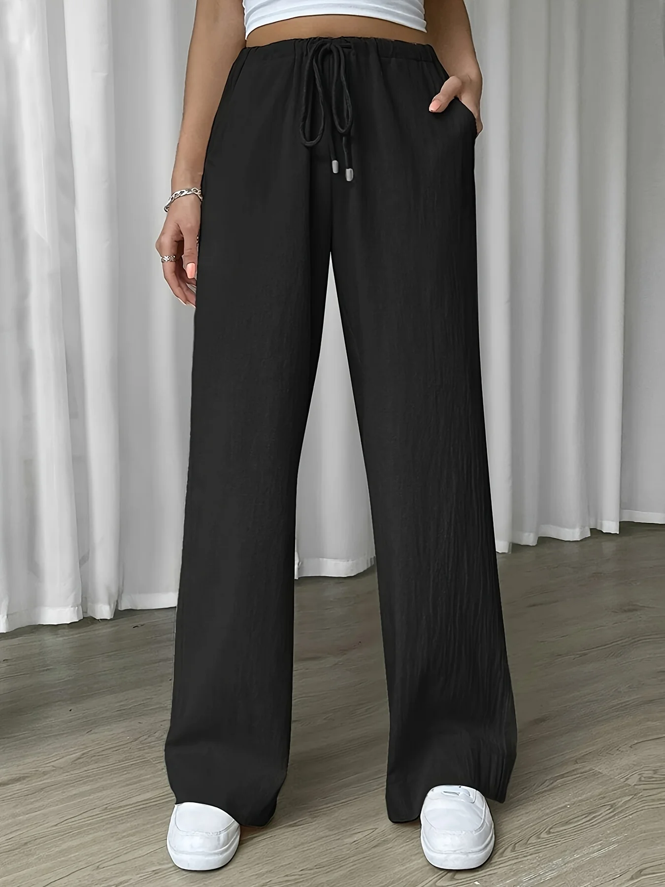 Pantalones de cintura elástica con lazo para mujer, pantalones de pierna ancha rectos, sueltos, informales, sólidos, talla grande, todas las estaciones