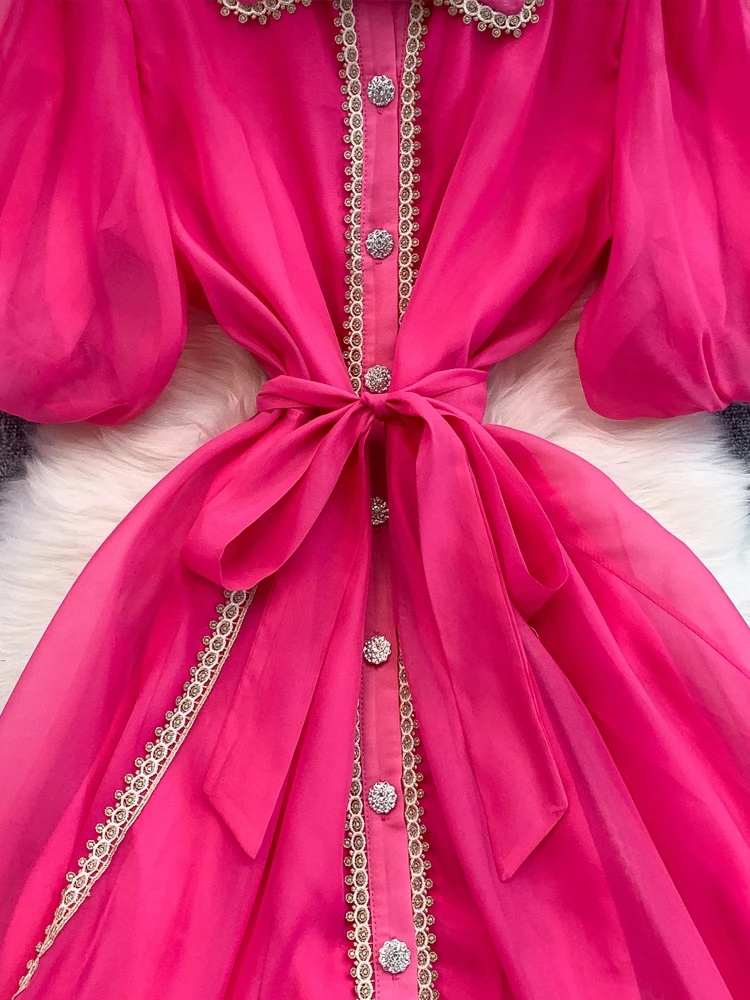 Vintage Women Lace patchwork shirt dress 2025 Summer Luxury Short puff sleeve Mini dresses with sashes Ladies Beach INKEO 5D182