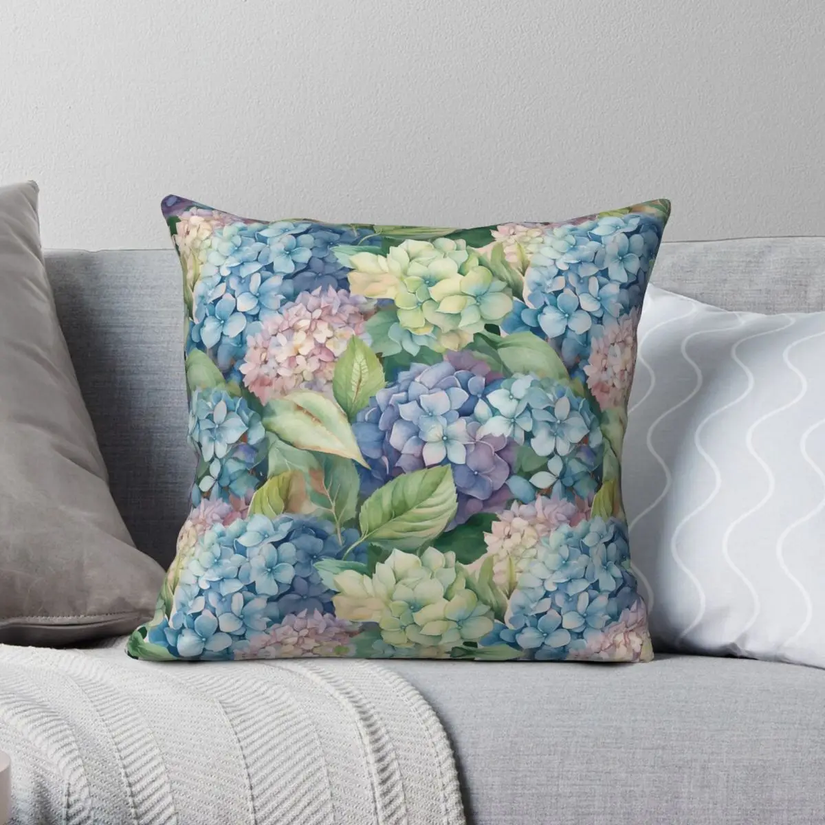 Hydrangea Hortensia Floral Square Pillowcase Polyester Linen Velvet Printed Zip Decor Pillow Case Sofa Cushion Case