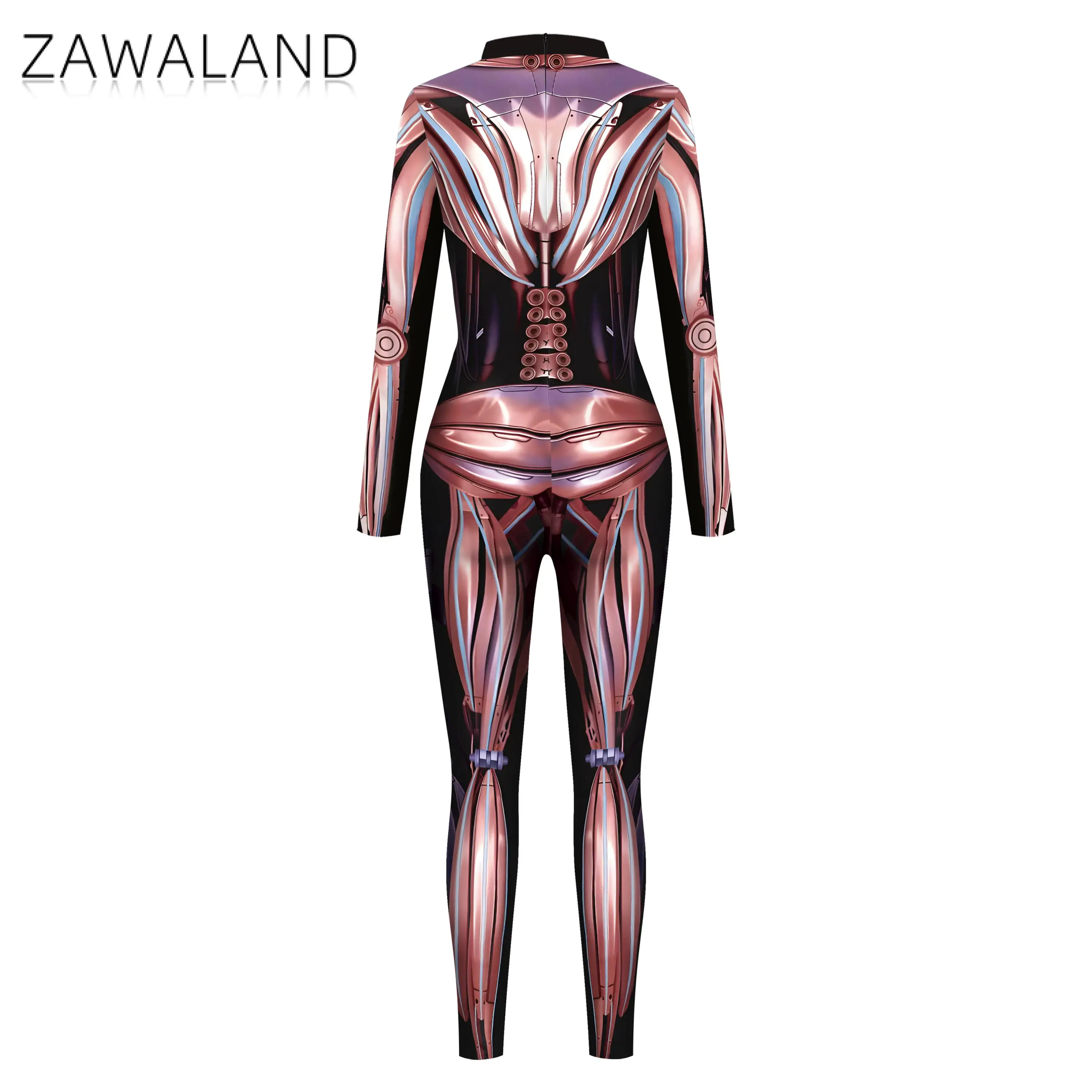 Zawaland Women Jumpsuit Funny Muscle Cosplay Machine Printed Costume Disguise Outfit Halloween Party Long Sleeve Zentai Bodysuit