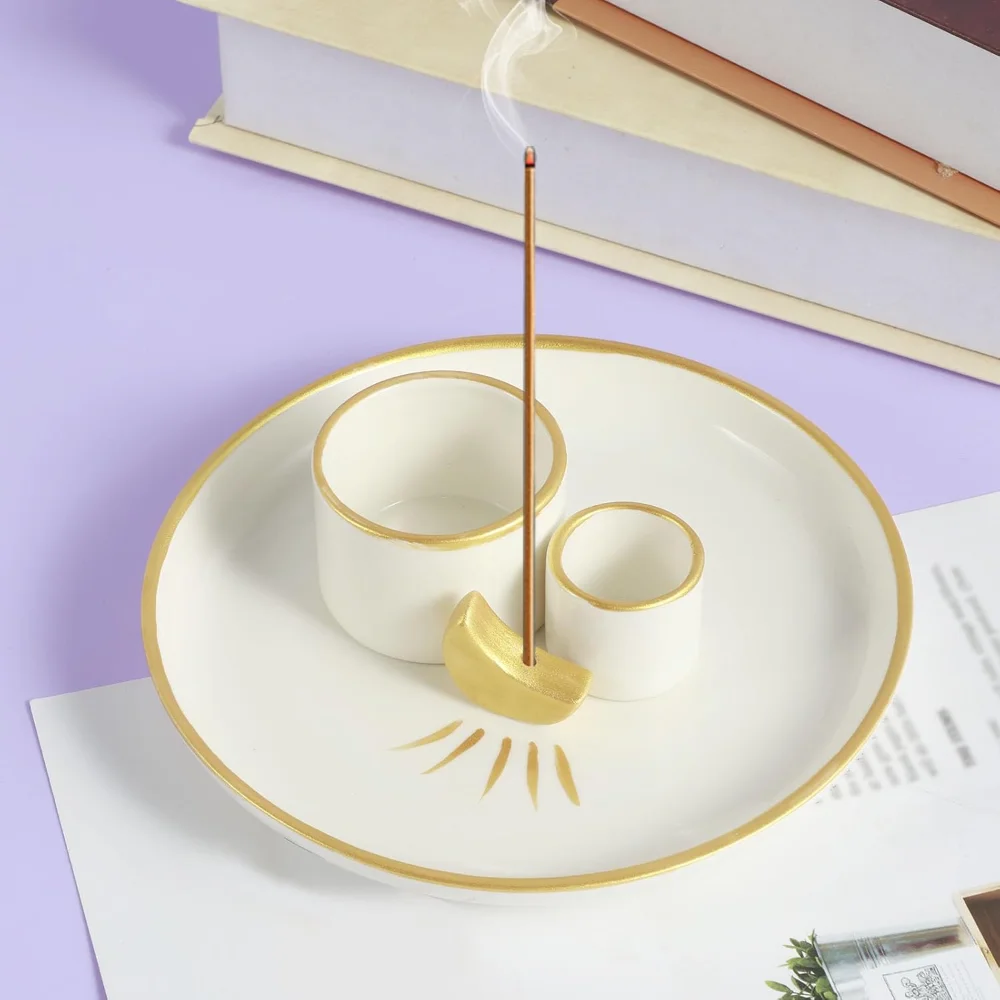

4 in 1 Holder Burner for Burning Sage Stick Ceramic Palo Santo Holder Decorative Tray for Office Yoga Meditation