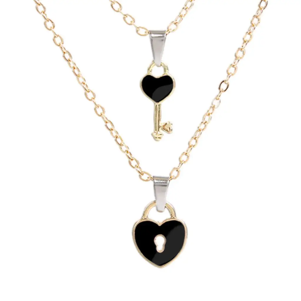 Cute Couple Heart Key Lock Necklaces Set for Women Men Alloy Pendant Clavicle Chain Romantic Dating Anniversary Gift