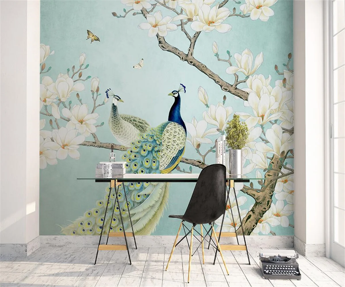 

Custom any size Chinese style peacock magnolia flower and bird painting 3D Wallpaper Mural for Child Kids Room flowers wallpaper