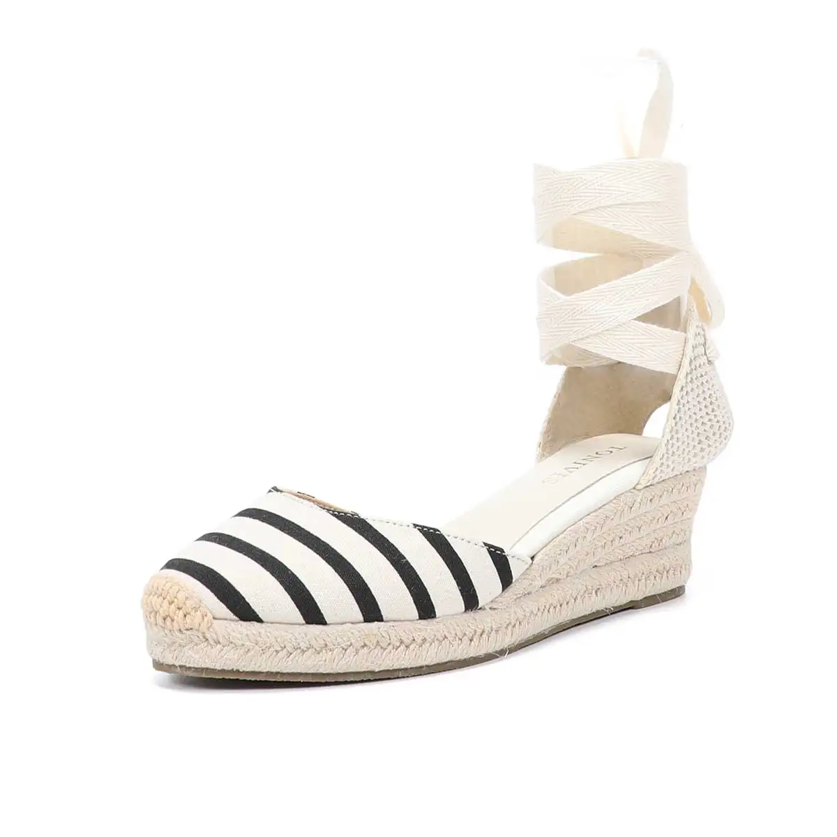 2022 Women\'s Wedge Low Heel Sandals Promotion Striped 0-3cm Casual Canvas Covered Sapato Feminino Sandalias Mujer