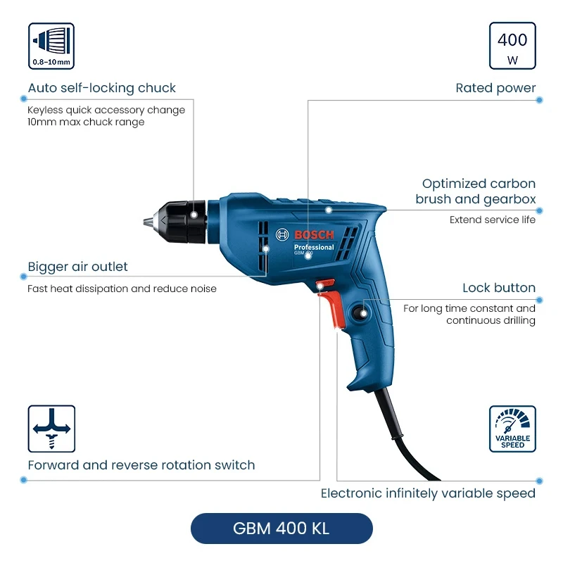 Bosch Electric Hand Drill Electric Screwdriver Household Small Single-speed Household Tool Multi-function GBM400KL Self-locking