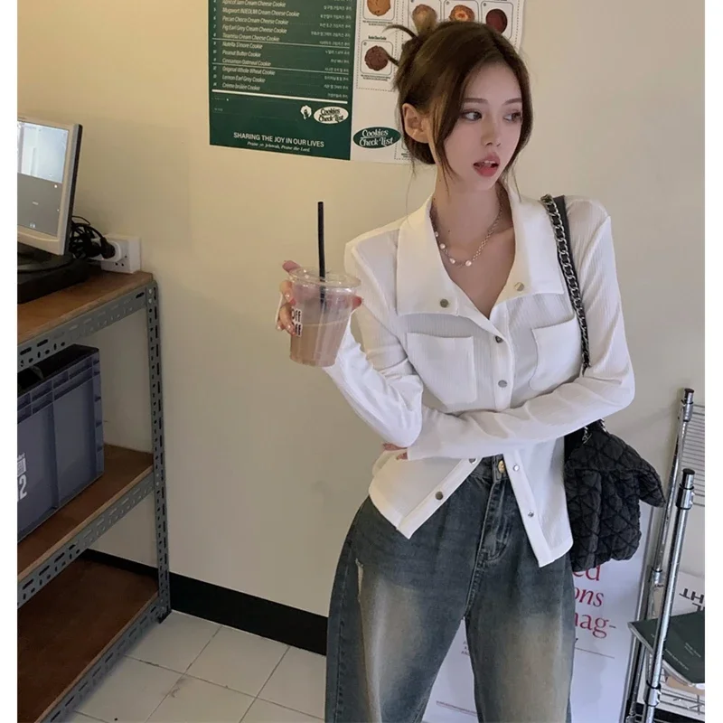 2025 Blusas Mujer De Moda Camicetta casual Donna Couverture Colletto Manica lunga Tunica Camicie Tasca Moda Camicette coreane Y2k Top