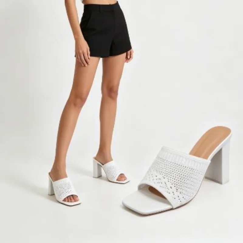 

2026 Hot Selling New Summer Women Slippers Triangle Thick Heel Sexy Square Toe Dress Party Shoes High Heels Knitting Casual