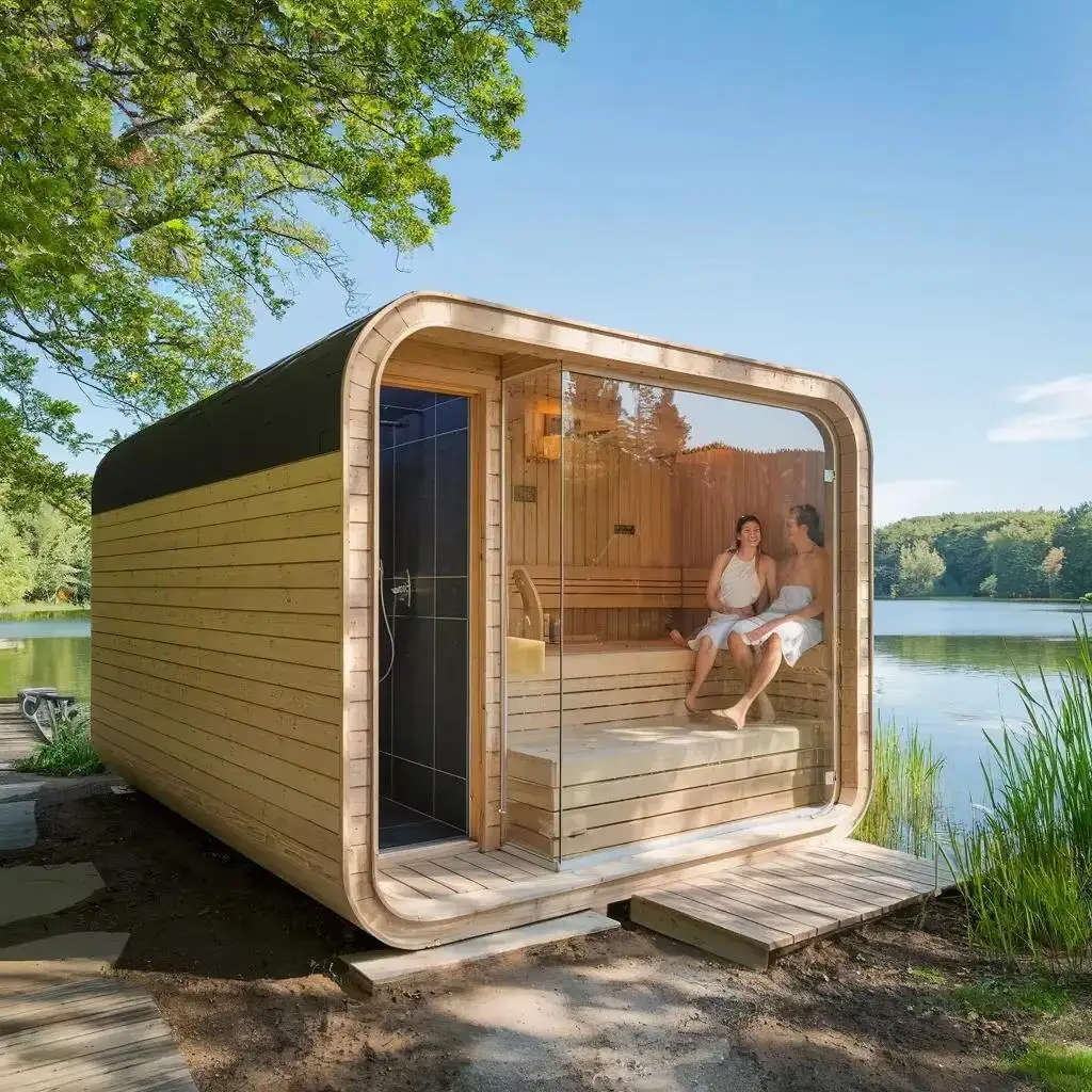 Outdoor solid wood traditional wet steam sauna shower room with electric control panel
